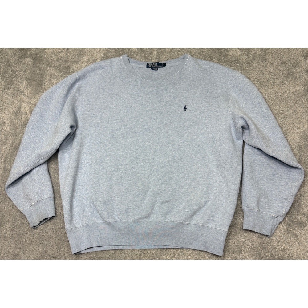 Vtg Polo Ralph Lauren Sweatshirt L Blue Crewneck Pony Logo Cotton Distressed